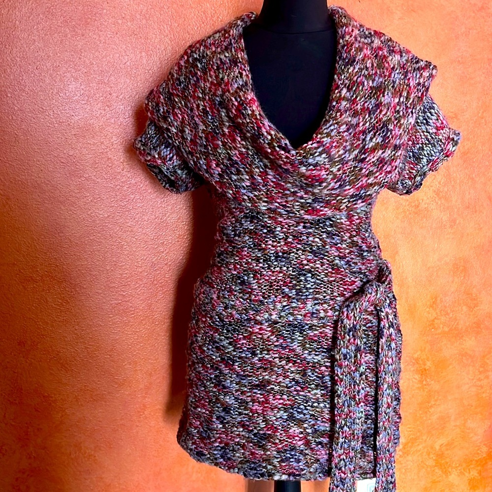 Short sleeve multi color cowl neck sweater